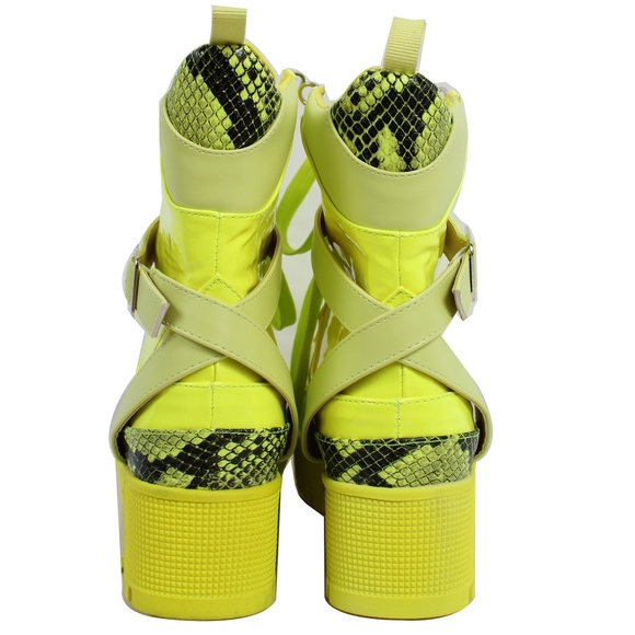 Lemonade Neon Yellow Lace-Up Lug Platform Block Heel Boot - Picture 3 of 7